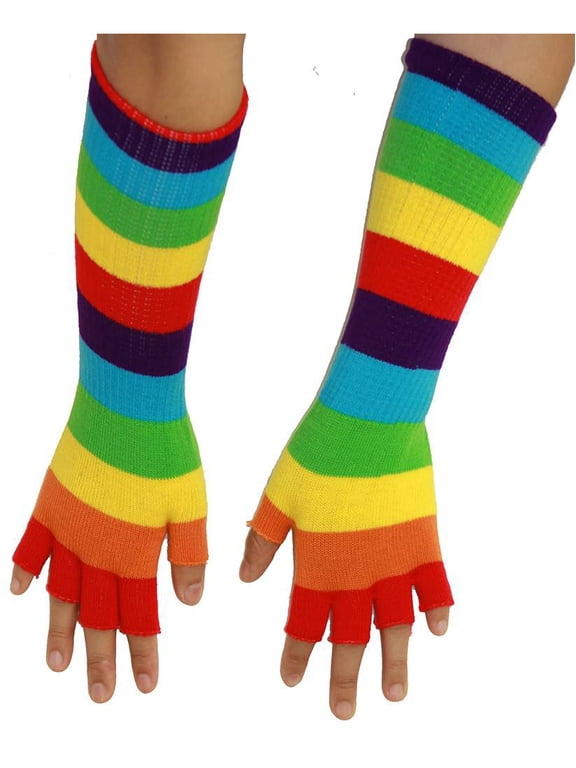 Long 11" Knit Arm Warmer Warm Fingerless Gloves, Rainbow