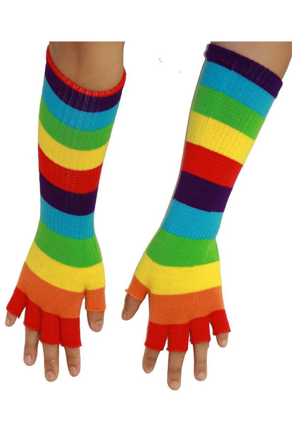 Long 11" Knit Arm Warmer Warm Fingerless Gloves, Rainbow