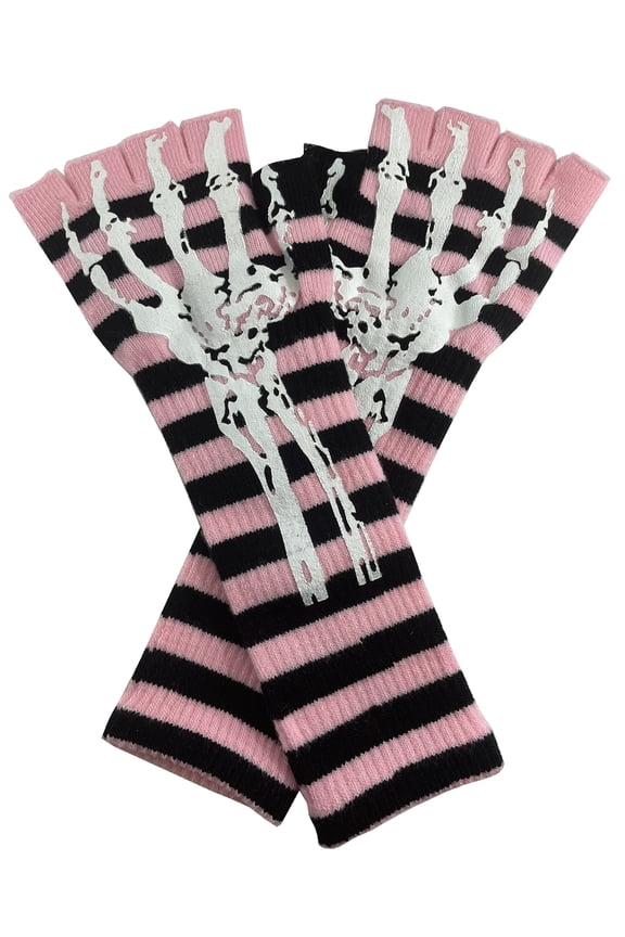 Long 11" Knit Warm Skeleton Fingerless Gloves - Light Pink