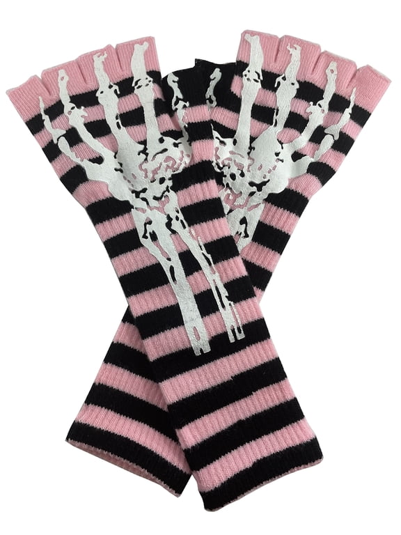 Long 11" Knit Warm Skeleton Fingerless Gloves - Light Pink