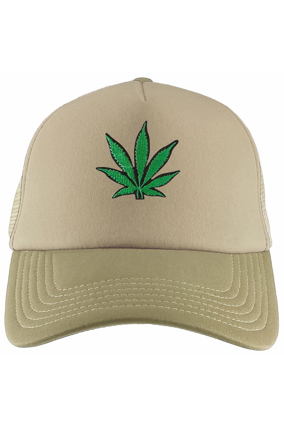 Marijuana Leaf Adjustable Trucker Hat - Khaki
