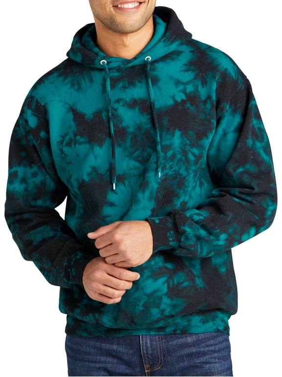 Mens Crystal Tie-Dye Pullover Hoodie Sweater, Black/Teal X-Large