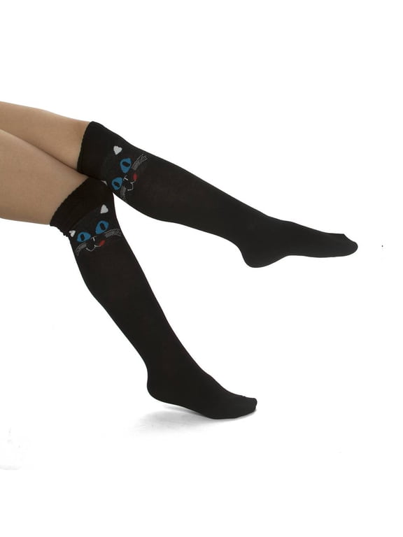 Pattern Design Knee Length Socks, Black Cat