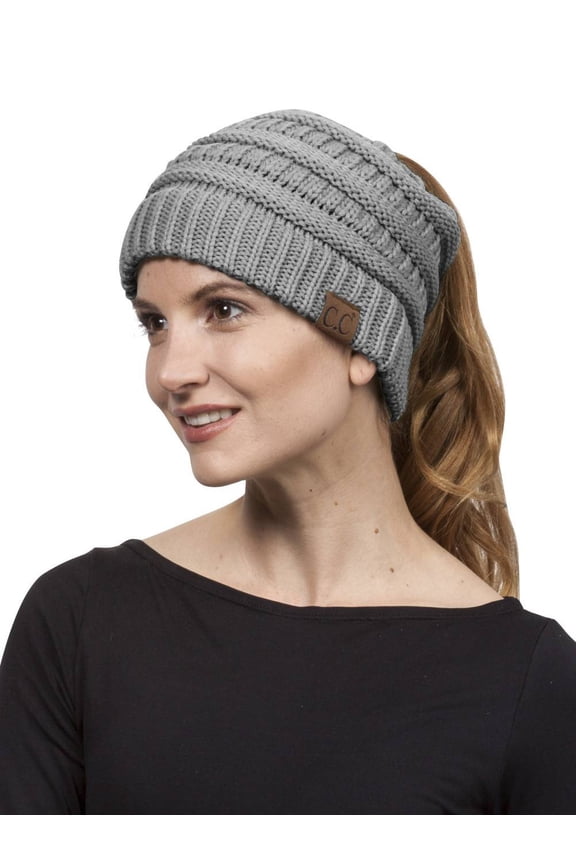 Pony Tail Knit Beanie, Light Melange Grey