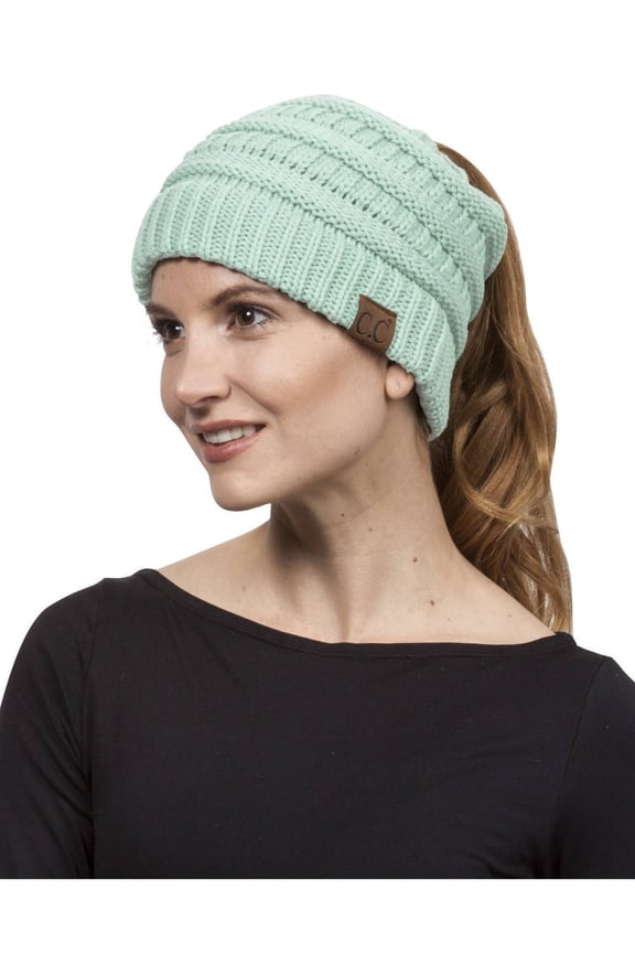 Pony Tail Knit Beanie, Mint