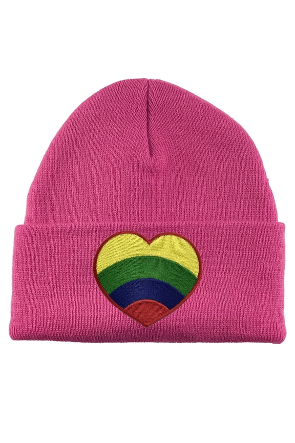 Rainbow Heart Patch Cuffed Beanie - Hot Pink