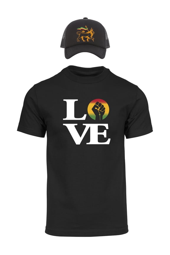 Rasta Love Raised Fist Trucker Cap and Short-Sleeve T-Shirt - Black - Large