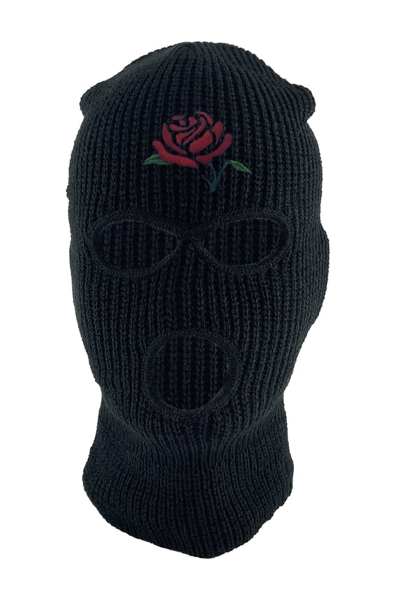 Red Rose Embroidery 3-Hole Ski Mask - Black