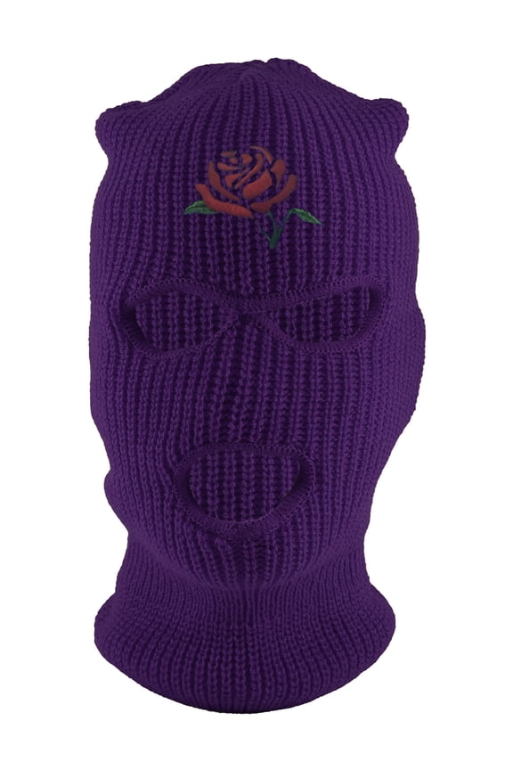 Red Rose Embroidery 3-Hole Ski Mask - Purple