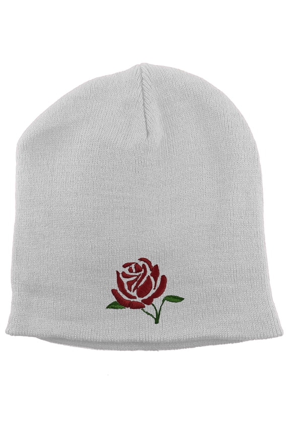 Red Rose Embroidery Short Beanie - White