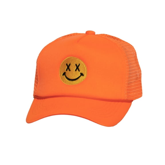Gravity Threads Smile Face Embroidery Adjustable Trucker Hat - Cross Eye - Neon Orange
