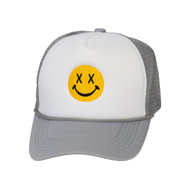 Gravity Threads Smile Face Embroidery Adjustable Trucker Hat - Cross Eye - White/Grey
