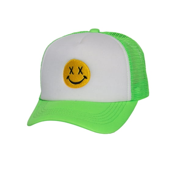 Gravity Threads Smile Face Embroidery Adjustable Trucker Hat - Cross Eye - White/Neon Green