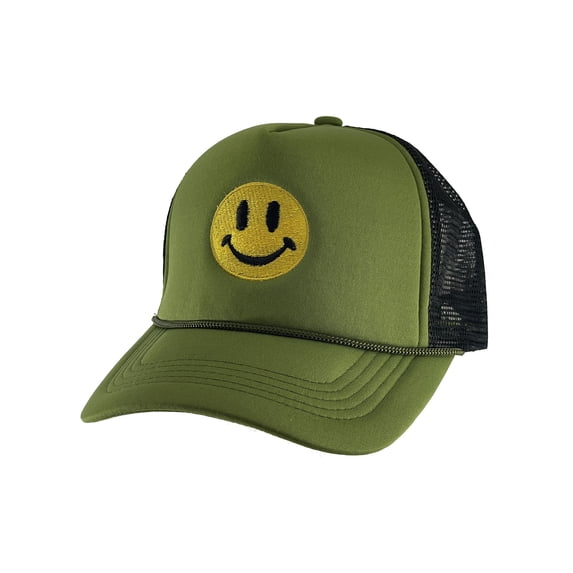 Gravity Threads Smile Face Embroidery Adjustable Trucker Hat - Smile - Olive/Black