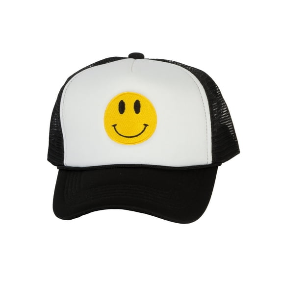 Gravity Threads Smile Face Embroidery Adjustable Trucker Hat - Smile - White/Black