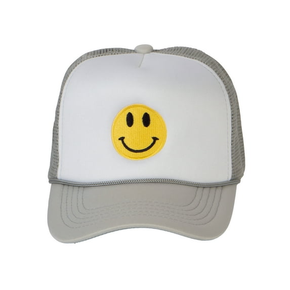 Gravity Threads Smile Face Embroidery Adjustable Trucker Hat - Smile - White/Grey