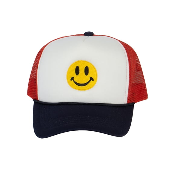 Gravity Threads Smile Face Embroidery Trucker Hat, Smile White/Red/Navy