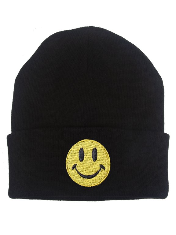 Smile Face Long Beanie Cap, Classic Black