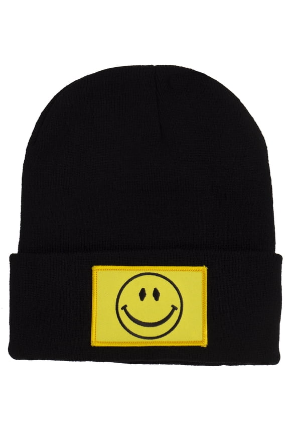 Smile Rectangle Short Cuffed Beanie - Black