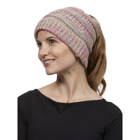 Gravity Threads Soft Cable Knit High Ponytail Winter Beanie - Yellow/Hot Pink/Turquoise/Pale Pink