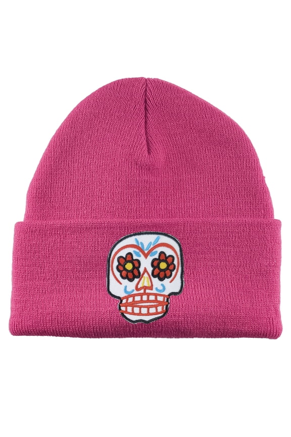 Sugar Skull Patch Cuffed Beanie - Hot Pink