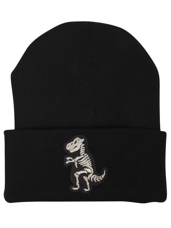 T-Rex X-Ray Dinosaur Skeleton Patch Cuffed Beanie - Black