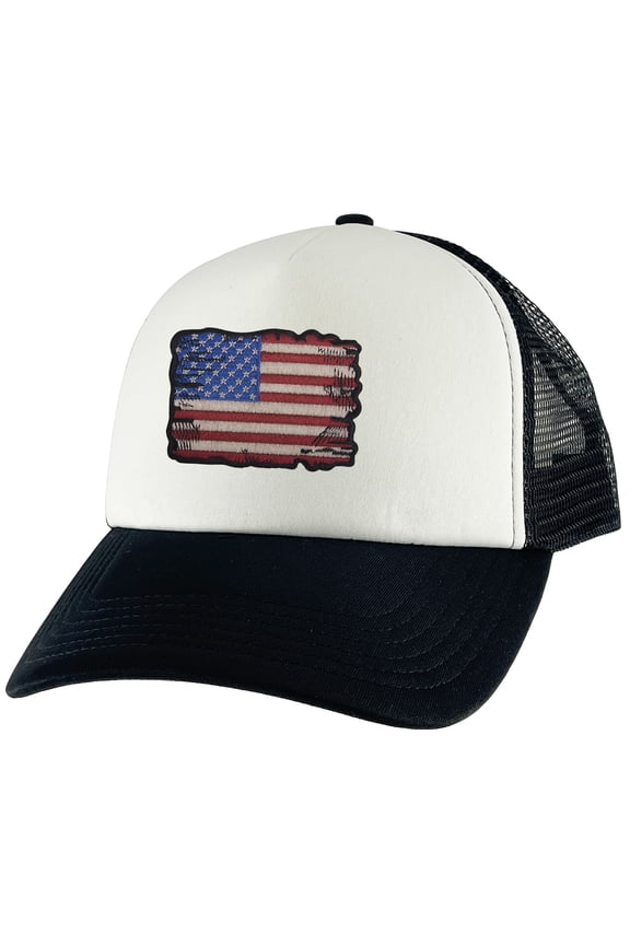 Tattered US Flag Adjustable Trucker Hat - Black/White