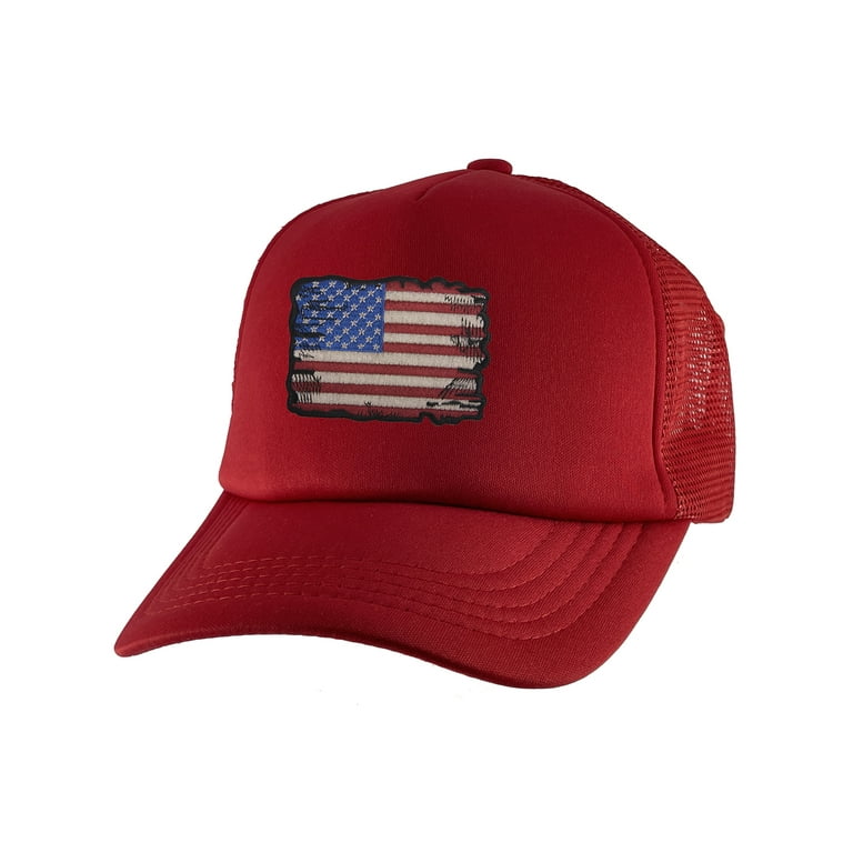 Gravity Threads Tattered US Flag Adjustable Trucker Hat - Red