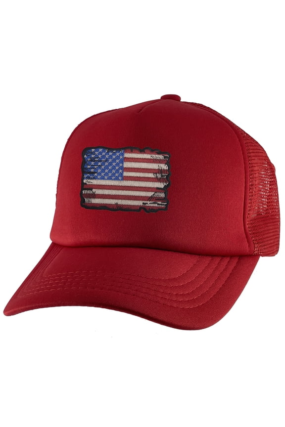 Tattered US Flag Adjustable Trucker Hat - Red