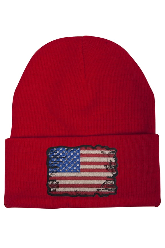 Tattered USA Flag Patch Cuffed Beanie - Red