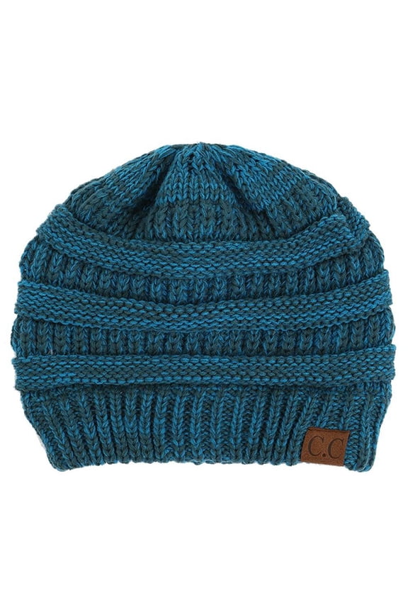 Two Tone Chunky Soft Marled Knit Soft Beanie, Blue Teal
