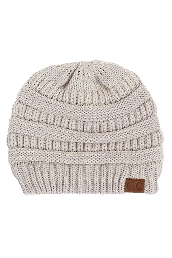 Two Tone Chunky Soft Marled Knit Soft Beanie, Light Grey