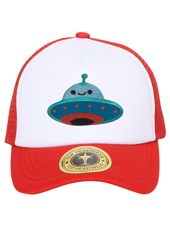 UFO Smile Face Patch Trucker Hat - Red/White