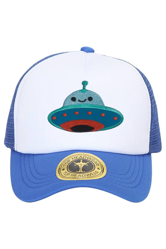 UFO Smile Face Patch Trucker Hat - Royal/White
