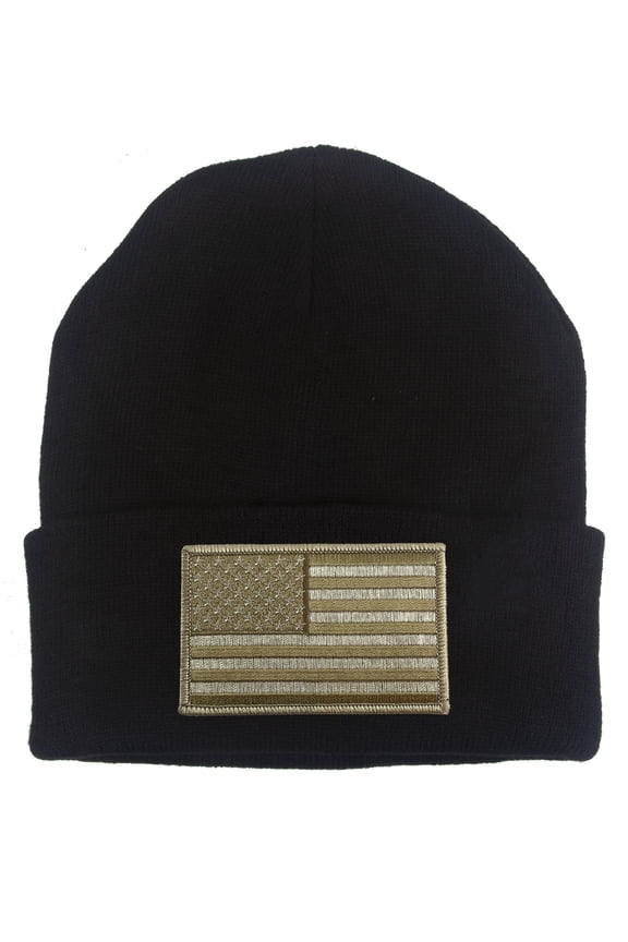USA Khaki Flag Patch Cuffed Beanie - Black