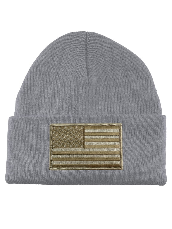 USA Khaki Flag Patch Cuffed Beanie - Heather Grey