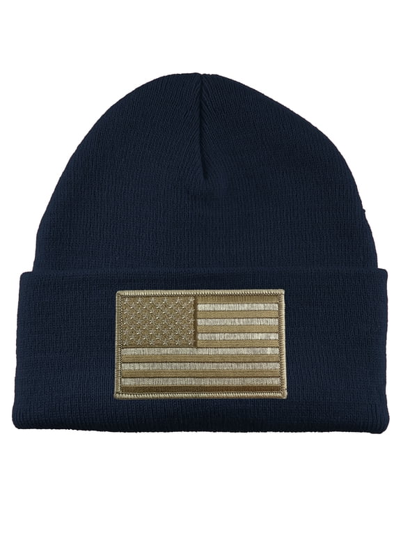 USA Khaki Flag Patch Cuffed Beanie - Navy