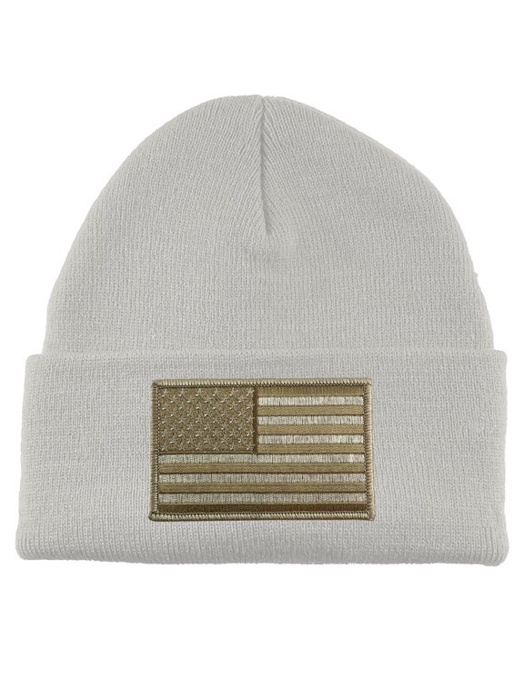 USA Khaki Flag Patch Cuffed Beanie - White