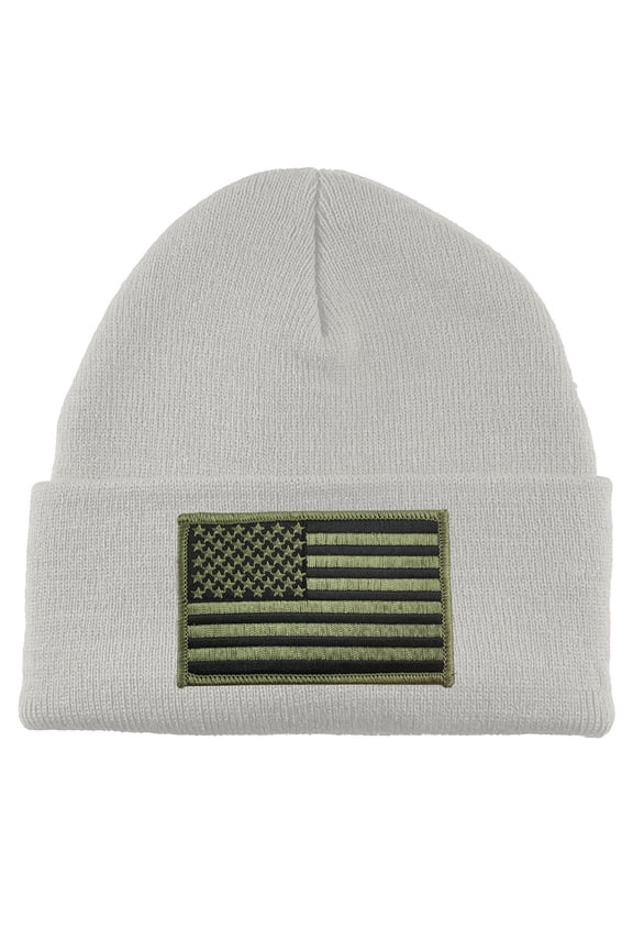 USA Olive Flag Patch Cuffed Beanie - White