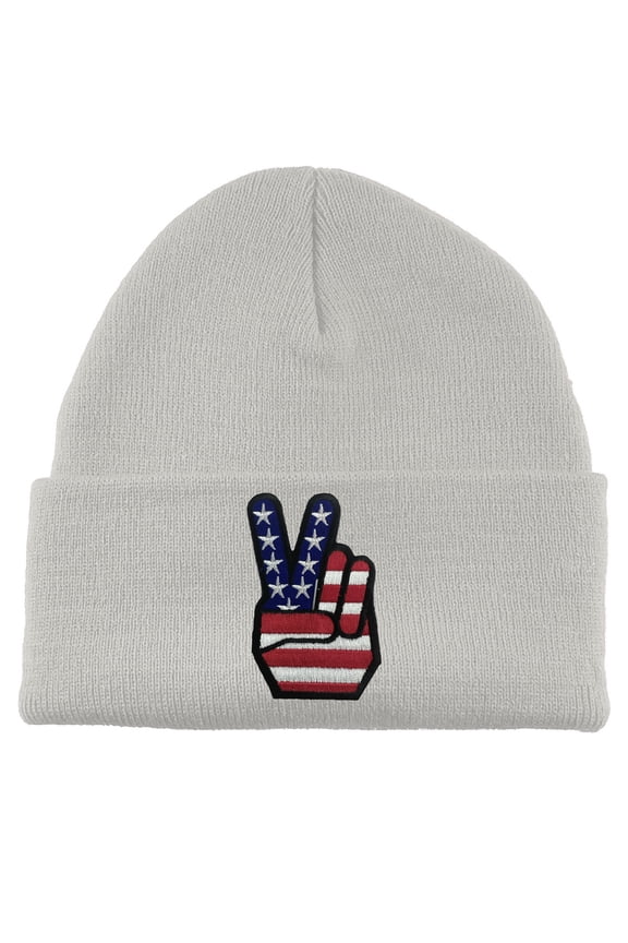 USA Peace V Patch Cuffed Beanie - White