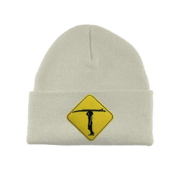 Gravity Threads Warning Surfboard Patch Cuffed Beanie - White