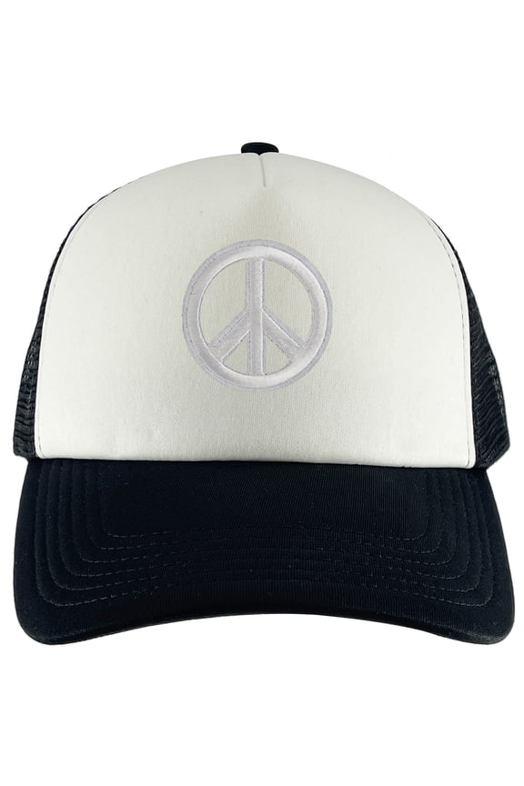 White Peace Sign Adjustable Trucker Hat - Black/White