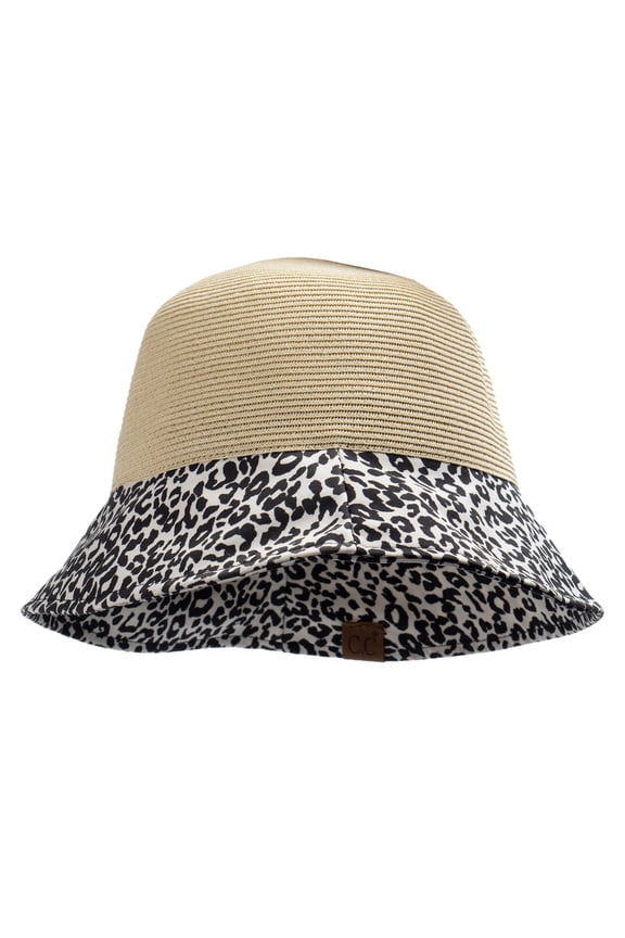 Womens Baby Leopard Print Cloche Staw Bucket Hat, Natural