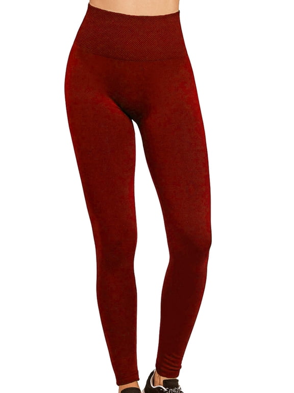 Womens High Waist Fleece Extra-Wide Band Leggings - Burgundy