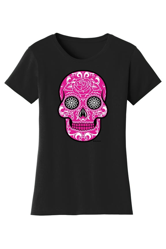 Womens Pink Sugar Skull Short-Sleeve T-Shirt - Black - Large