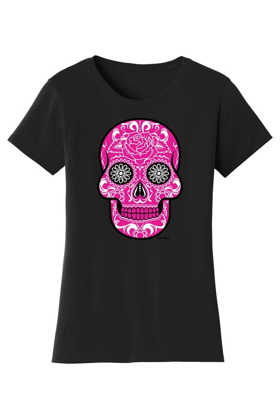 Womens Pink Sugar Skull Short-Sleeve T-Shirt - Black - Medium