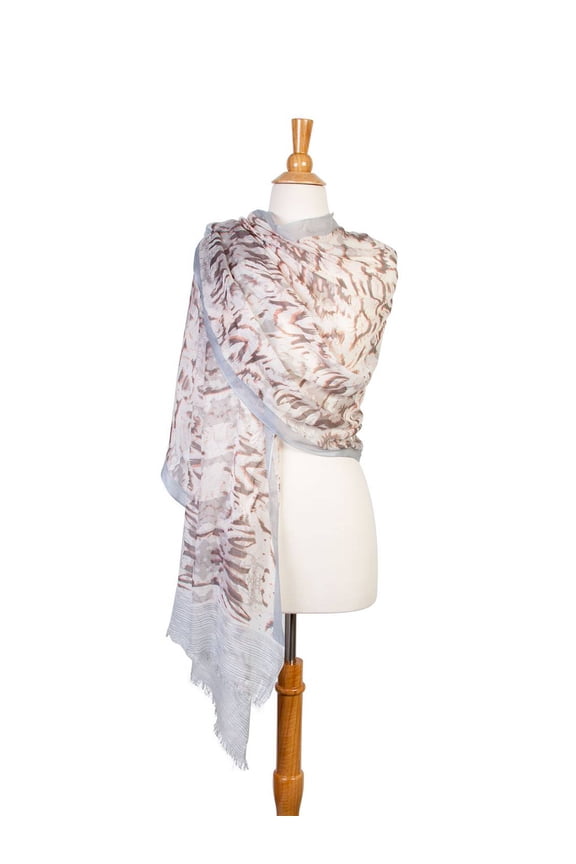 Womens Sheer Patterned Stole Scarf - Brown w/ Blue Trim