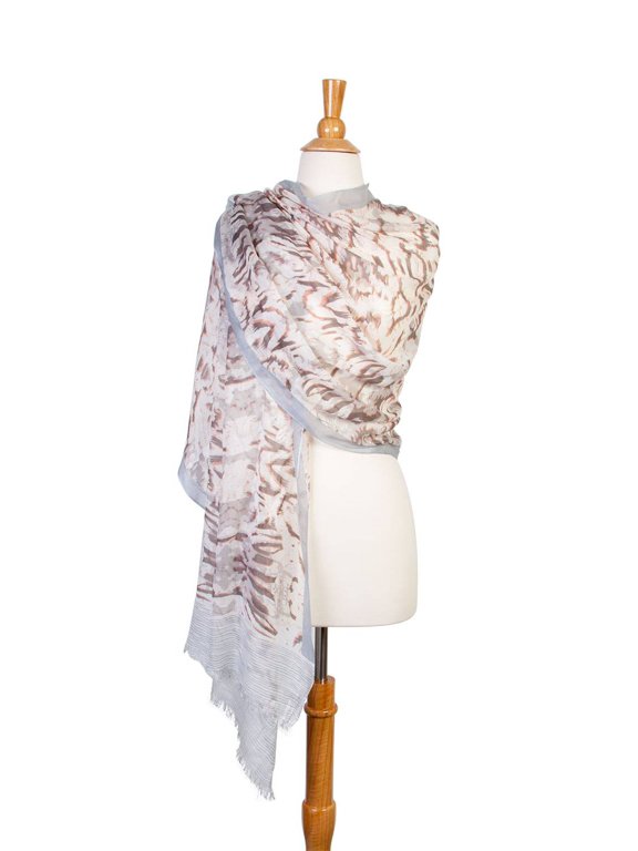 Womens Sheer Patterned Stole Scarf - Brown w/ Blue Trim