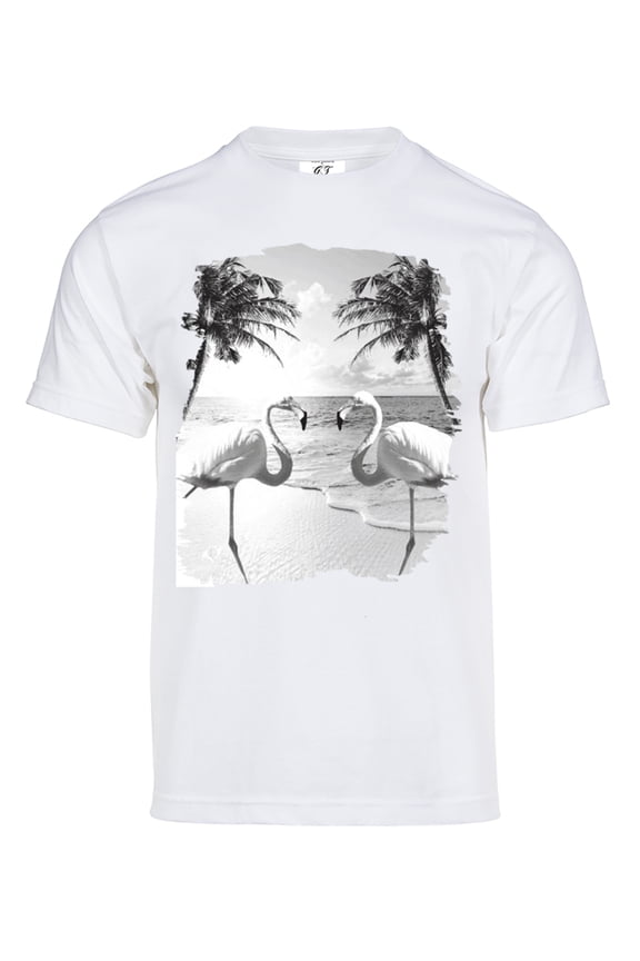 Mens Colorful Flamingo Palm Tree Solar Color Changing Short-Sleeve T-Shirt, White Large