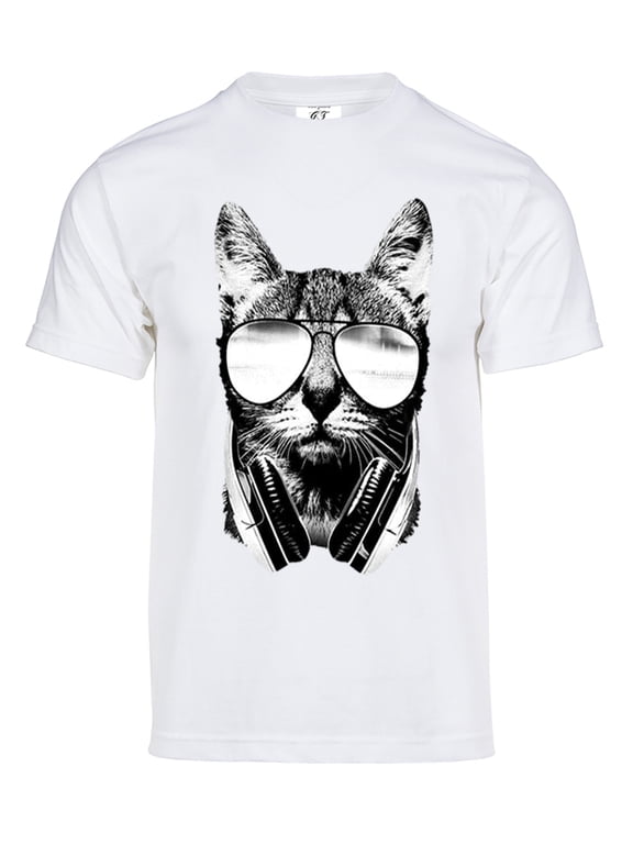 Mens Cool DJ Cat Solar Color Changing Shirt Sun Tee, White Large